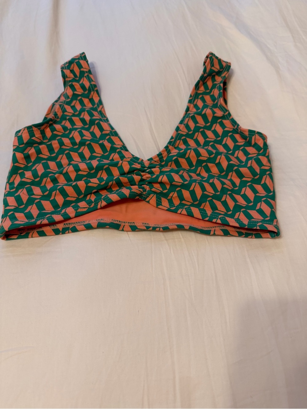 Montce Green and Coral Geometric Bikini Top